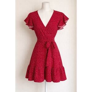 Women's Summer Polka Dots V Neck Ruffle Flutter Sleeve A Line Mini Dress Large